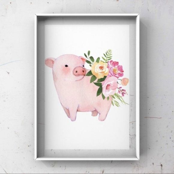 Watercolor piglet with flowers on back art print - Picture 1 of 3